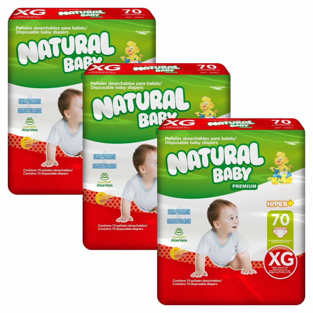 Kit 3 Fraldas Natural Baby Premium Hiper + Xg 70 Un. - Drogarias
