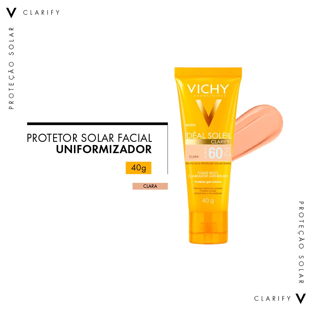 Protetor Solar Facial Vichy Idéal Soleil Clarify FPS60 Cor Clara 40g - Drogarias  Pacheco