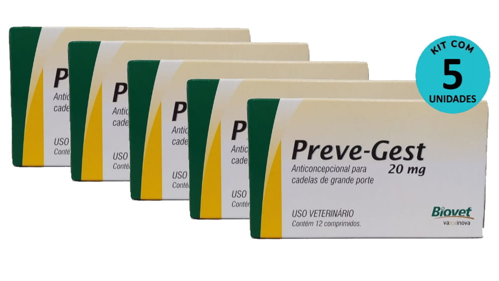Kit Anticoncepcional Preve-Gest Biovet 20mg c/ 12 Comprimidos C/ 5 unidades