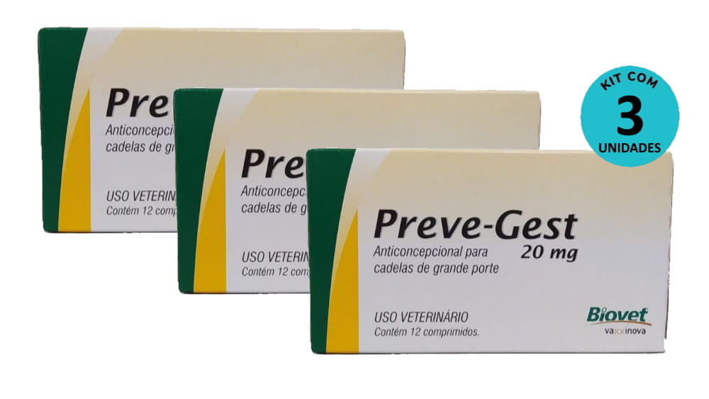 Kit Anticoncepcional Preve-Gest Biovet 20mg c/ 12 Comprimidos C/ 3 unidades