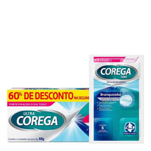 Kit-Corega-Fixador-de-Dentadura-Ultra-Creme-Sem-Sabor-68g--Limpador-de-Dentadura-e-Aparelhos-Tabs-Branqueador-6-Pastilhas-Efervescentes