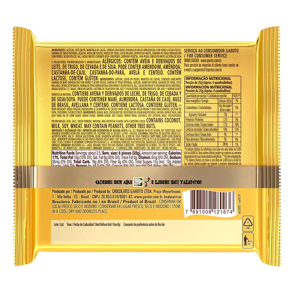 Chocolate Garoto Talento Branco Com Cereais E Passas 85g - Drogarias Pacheco