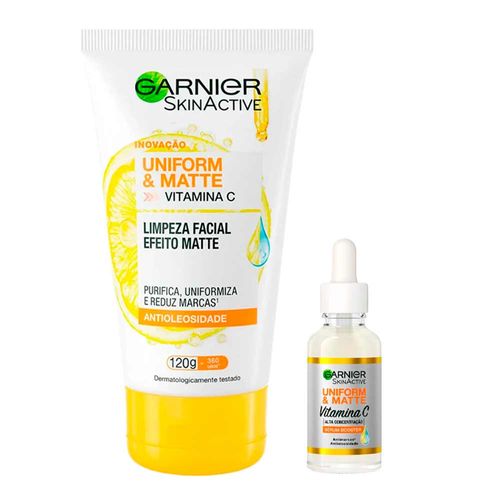 Kit-Garnier-Uniform-e-Matte-Vitamina-C-Serum-Facial-Antimarcas-30ml---Limpeza-Facial-Antioleosidade-120g Kit-Garnier-Uniform-e-Matte-Vitamina-C-Serum-Facial-Antimarcas-30ml---Limpeza-Facial-Antioleosidade-120g