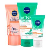 Kit-Nivea-Acne-Control-Protetor-Solar-Facial-Tripa-Protecao-FPS50-40ml---Sabonete-Facial-em-Gel-150g---Hidratante-Facial-50g