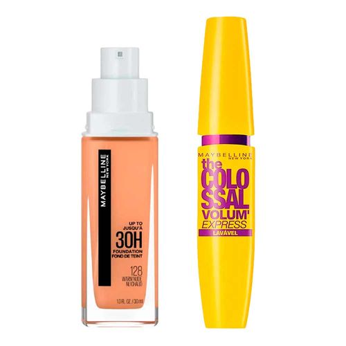 Kit-Maybelline-Base-Liquida-Superstay-128-Warm-Nude-30ml---Mascara-de-Cilios-The-Colossal-Volum-Express-Lavavel-Preto-9-2ml