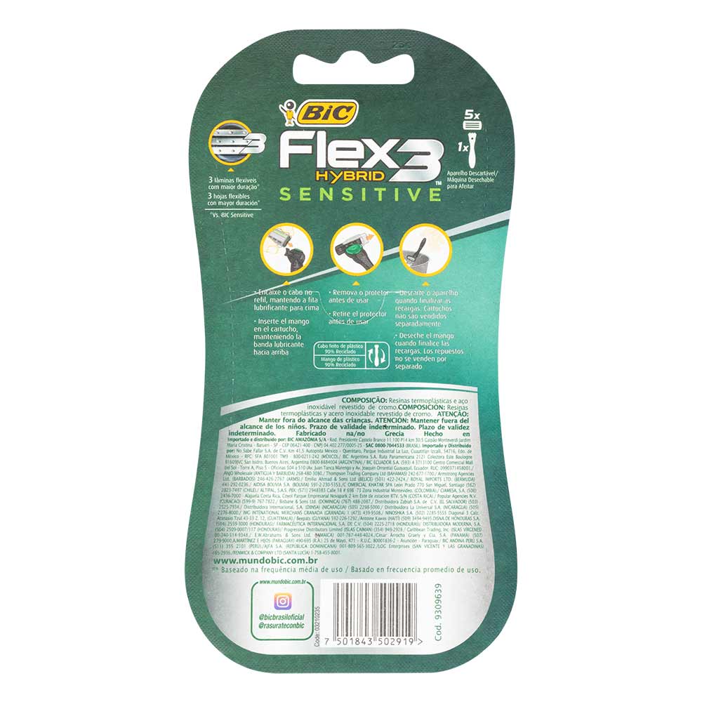 Kit Bic Flex 3 Hybrid Sensitive 1 Aparelho de Barbear Recarregável + 5 ...