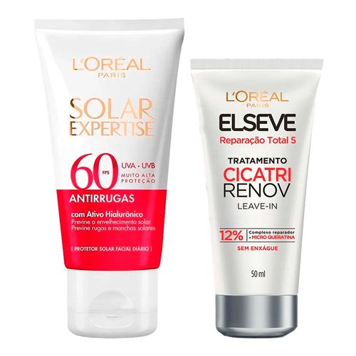 Kit-LOreal-Paris-Leave-In-Tratamento-Elseve-Cicatri-Renov-50ml---Protetor-Solar-Facial-Solar-Expertise-Antirrugas-FPS60-40g