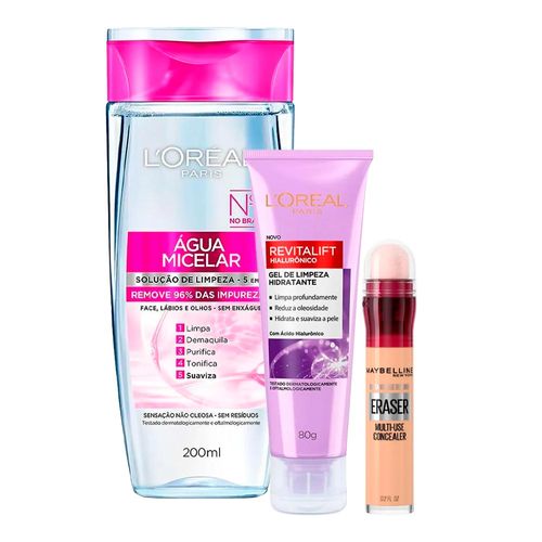 Kit-LOreal-Paris-Corretivo-Liquido-Maybelline-Instant-Age-Rewind-Eraser-5-9ml---agua-Micelar-5-em-1--200ml---Gel-de-Limpeza-Anti-idade-80g