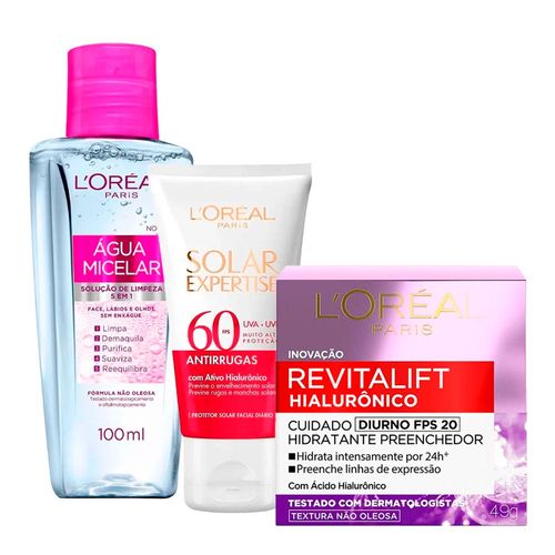 Kit-Facial-LOreal-Paris-Creme-Anti-idade-Revitalift-Hialuronico-Diurno-FPS20-49g---Protetor-Solar-FPS60-40g---agua-Micelar-100ml