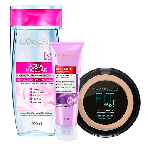 Kit-LOreal-Paris-Po-Compacto-Maybelline-Fit-Me-R02-Claro-Rosado-10g---agua-Micelar-5-em-1--200ml---Gel-de-Limpeza-Anti-idade-80g