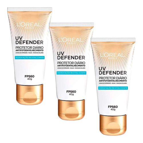 Kit-Loreal-Paris-Protetor-Solar-Facial-Diario-UV-Defender-Hidratacao-FPS60-40g-3-Unidades