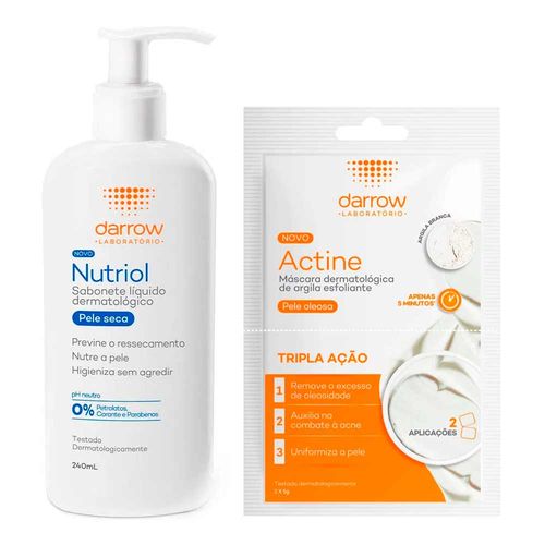 Kit-Darrow-Sabonete-Liquido-Nutriol-240ml---Mascara-Facial-Dermatologica-de-Argila-Esfoliante-Peles-Oleosas-2-Saches-de-5g