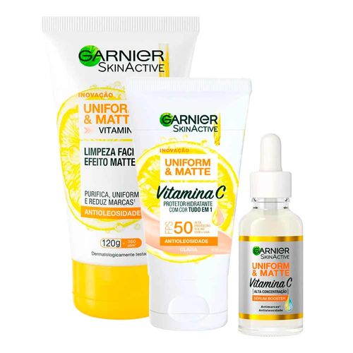 Kit-Facial-Garnier-Serum-30ml---Protetor-Hidratante-Uniform---Matte-FPS50-Cor-Clara-40g---Limpeza-Uniform---Matte-Antioleosidade-120g