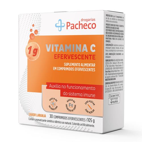 Vitamina C 1G Drogarias Pacheco 30 Comprimidos Efervescentes