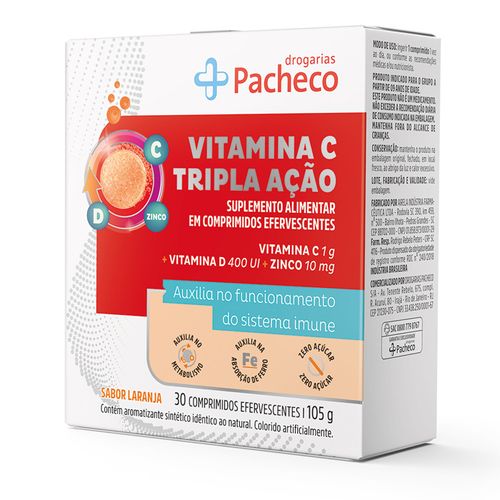 Vitamina C Drogarias Pacheco Tripla Ação 30 Comprimidos Efervescentes