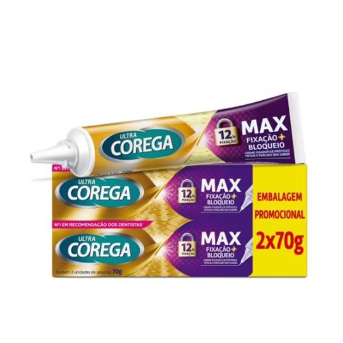 Ultra Corega Creme Max Fixação + Bloqueio – Fixador de Dentadura - Kit com 2un de 70g