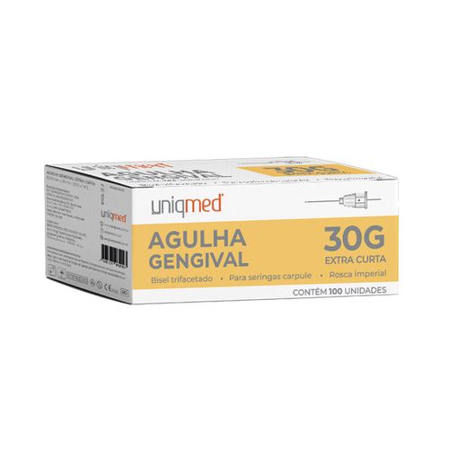 Agulha Gengival Aço Inoxidável 100 Unidades Uniqmed 30G 0,30x0,16nn Extra Curta