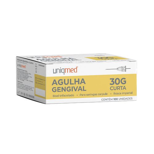 Agulha Gengival Aço Inoxidável 100 Unidades Uniqmed 30G 0,30x25mm Curta