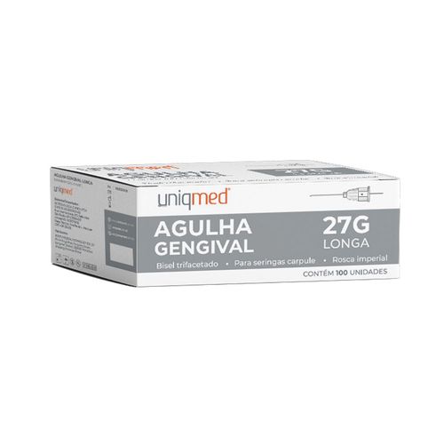 Agulha Gengival Aço Inoxidável 100 Unidades Uniqmed 27G 0,40x0,30mm Longa