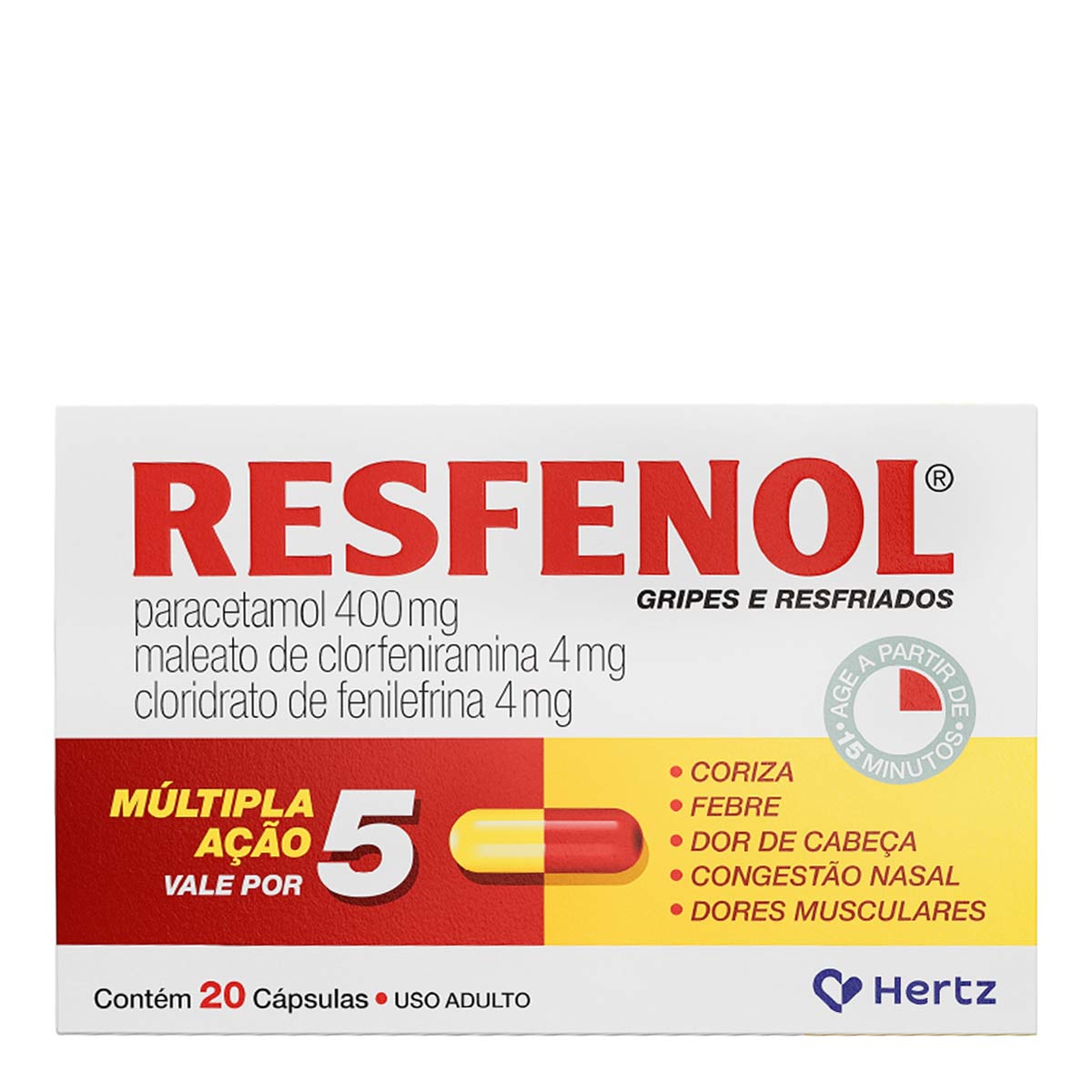 Antigripal, Analgésico, Antitérmico e Descongestionante  Resfenol 400mg + 4mg + 4mg 20 Cápsulas