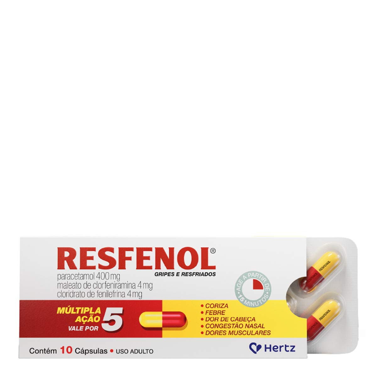 Antigripal, Analgésico, Antitérmico e Descongestionante  Resfenol 400mg + 4mg + 4mg 10 Cápsulas
