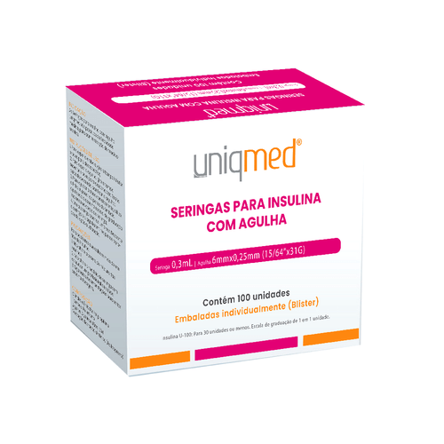 Seringa Insulina 0,3ml Estéril Agulha 6x0,25mm 31G - Cx 100un - UniqMed