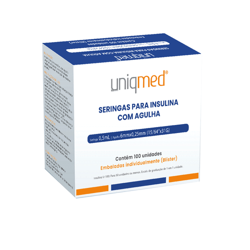 Seringa Insulina 0,5ml Estéril Agulha 6x0,25mm 31G Cx 100un - UniqMed