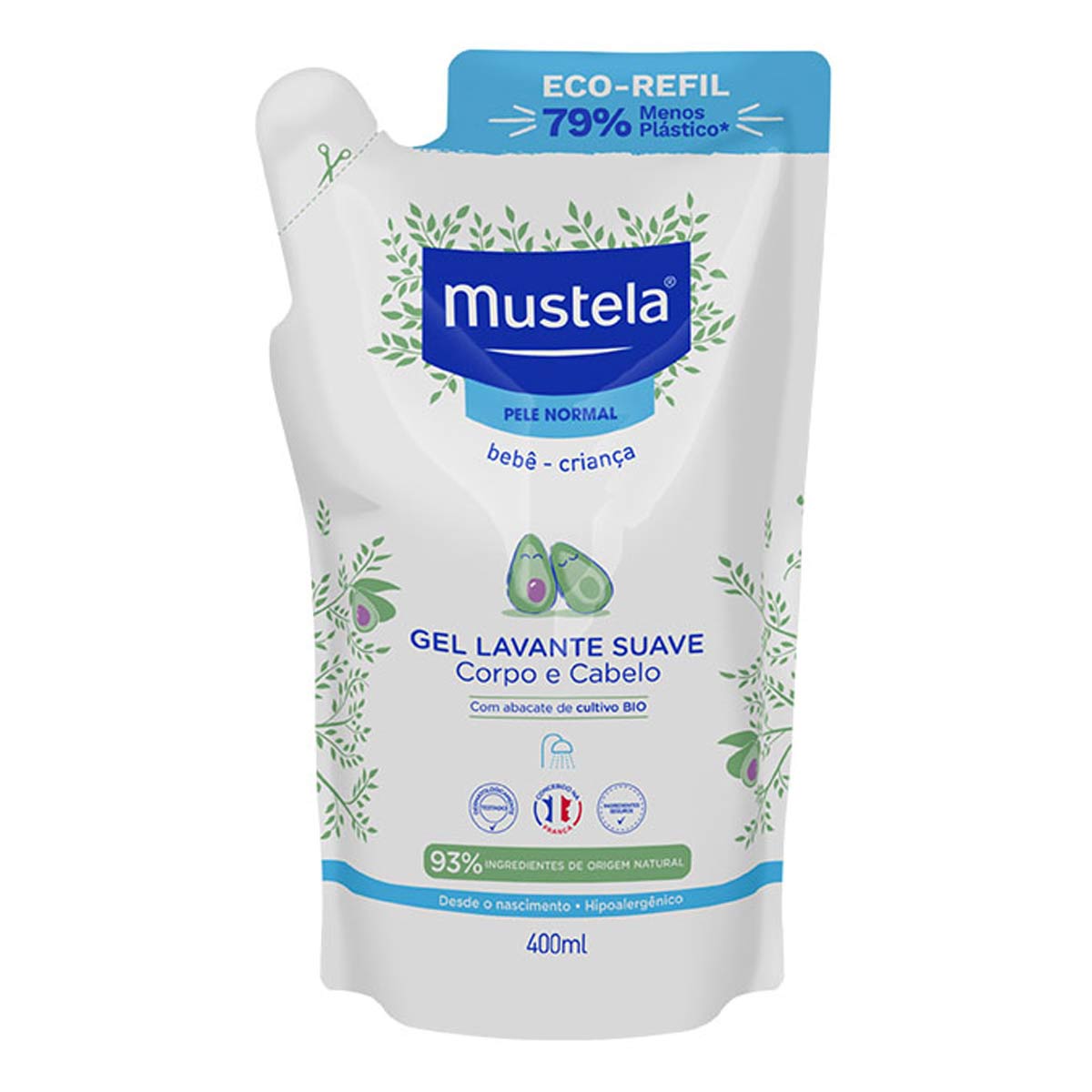 Gel Lavante Suave Infantil Orgânico Mustela Corpo e Cabelo 400ml Refil
