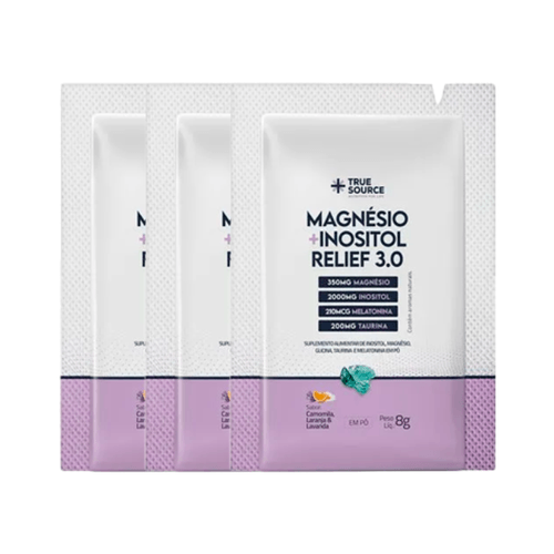 Kit 3X: Magnésio + Inositol Relief 3.0 Camomila e Lavanda Sachê True Source 8g Kit 3X: Magnésio + Inositol Relief 3.0 Camomila e Lavanda Sachê True Source 8g