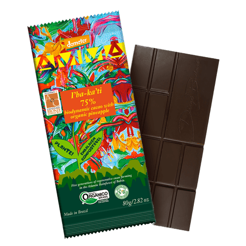 Chocolate I'BA-KA'TI 75% Cacau com Abacaxi Biodinâmico Demeter Amma Chocolate 80g