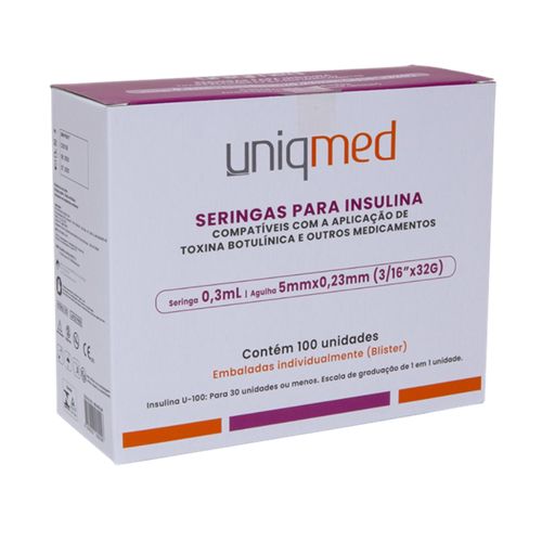 Seringa 0,3mL com Agulha 5mm para Insulina ou Botox 32G  (caixa com 100 unidades) - Uniqmed
