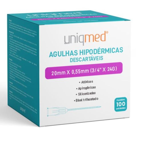 Agulha Descartável Hipodérmica (caixa com 100 unidades) - Uniqmed 20x0,55mm