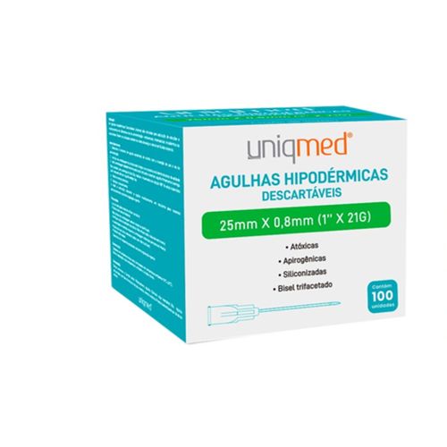 Agulha Descartável Hipodérmica (caixa com 100 unidades) - Uniqmed 25x0,8mm