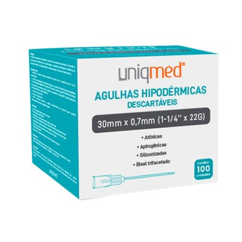 Agulha Descartável Hipodérmica (caixa com 100 unidades) - Uniqmed 30x0,7mm