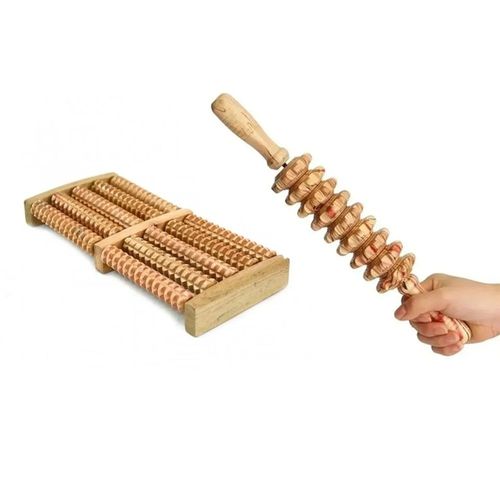 Kit 2 Peças Massageador Maderoterapia Rolo Bastão Espiga Corporal + Massageador de Pés de Madeira Terapia Natural Bege