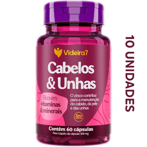 KIT 10 CABELOS E UNHAS RICO EM VITAMINAS E MINERAIS 60 CAPSULAS CADA FRASCO TOTAL: 600 CÁPSULAS – VIDEIRA7