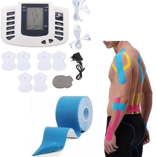 Kit Fisioterapia Aparelho Profissional TENS Massageador Muscular + Fita Elástica Kinésio Bandagem Muscular 5m Branco