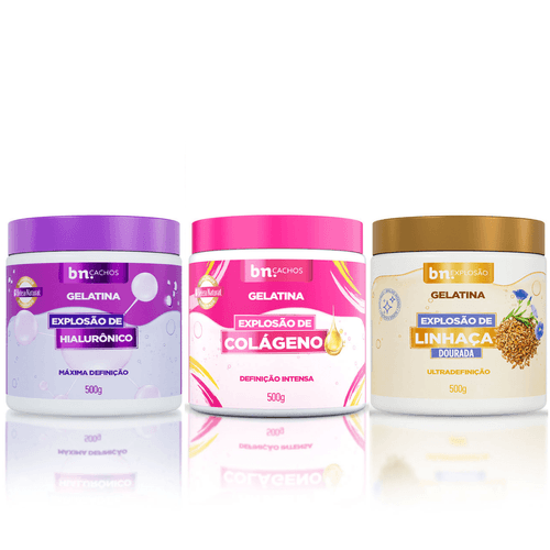 Kit Explosão de Gelatinas Colágeno + Linhaça Dourada + Hialurônico (3 itens) | BN Cachos Kit Explosão de Gelatinas Colágeno + Linhaça Dourada + Hialurônico (3 itens)