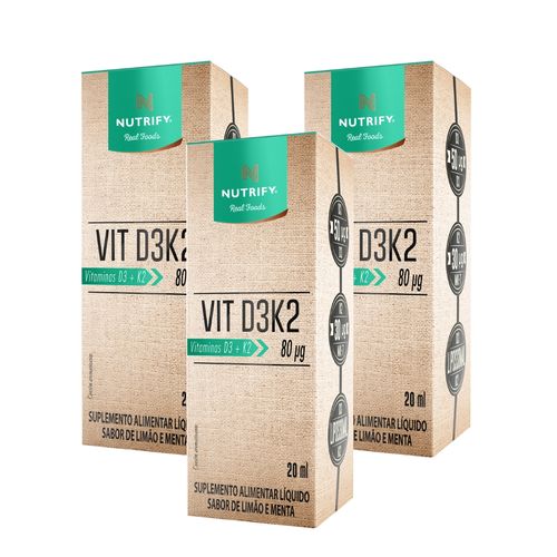 Kit 3 Vitamina D3 K2 liquido Maior Absorção Fosforo Cálcio Nutrify Limão e Menta