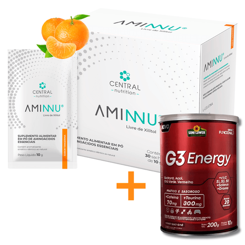 Aminnu® Sem Xilitol - 10g 30 Sachês - Central Nutrition - Sabor Tangerina + G3 Energy Cafeína Taurina  Pré Treino