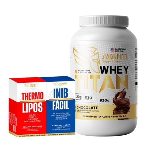 Kit Whey Titan Importado 930g + InibFácil + ThermoLipos Chocolate Kit Whey Titan Importado 930g + InibFácil + ThermoLipos Chocolate