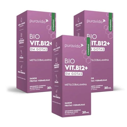Kit 3 Bio Vit. B12+ Metilcobalamina  Gotas Biodísponivel Puravida Frutas Vermelhas