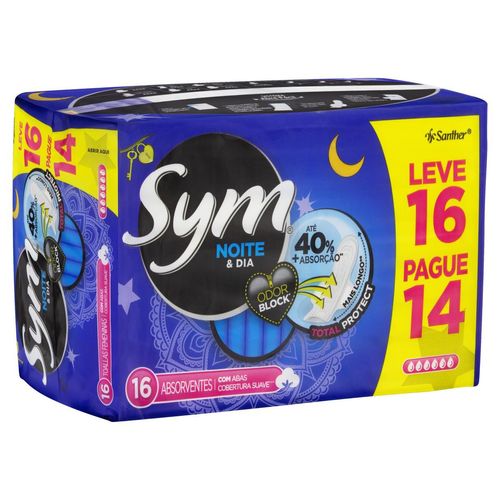 Kit c/9 Absorvente Sym Total Protect Noite e Dia Cobertura Suave Com Abas 16 Unidades