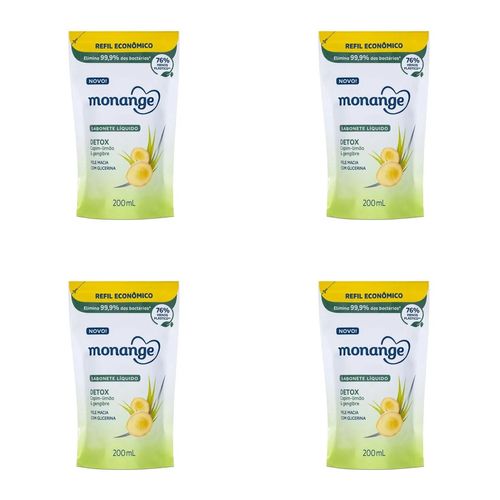 Kit c/4 Sabonetes Liquido Monange 200ml Refil Detox