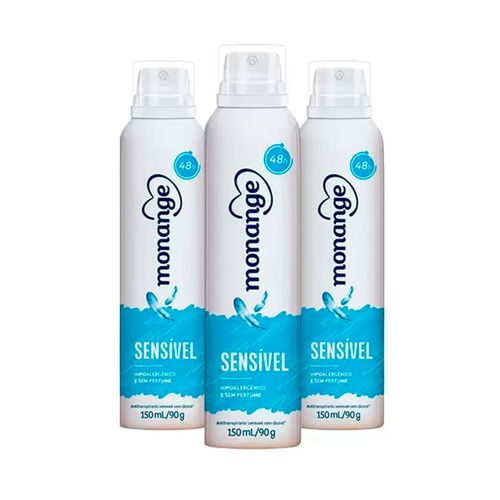 Kit c/3 Unidades de Desodorante Aerosol Monange 90g Sem Álcool Perfume