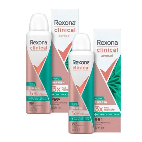 Kit c/2 Unidades de Desodorante Rexona Clinical Aerosol Refresh 96h + Controle de Odor 150ml Kit c/2 Unidades de Desodorante Rexona Clinical Aerosol Refresh 96h + Controle de Odor 150ml