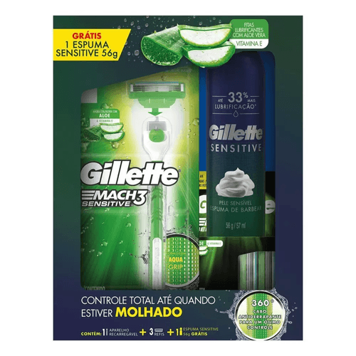 Kit Gillette Mach3 Acqua Grip Sensitive 1 Aparelho + 2 Cargas + Espuma 56g
