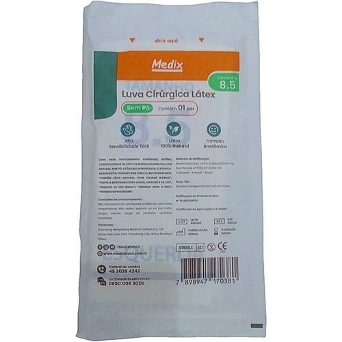 Luva Cirúrgica de Látex Medix - Sem Pó - 8.5 - Par Luva Cirúrgica de Látex Medix - Sem Pó - 8.5 - Par