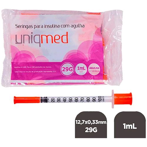 Seringa Insulina Uniqmed 1ml 12,7x0,33mm 29G - 10 seringas Seringa Insulina Uniqmed 1ml 12,7x0,33mm 29G - 10 seringas