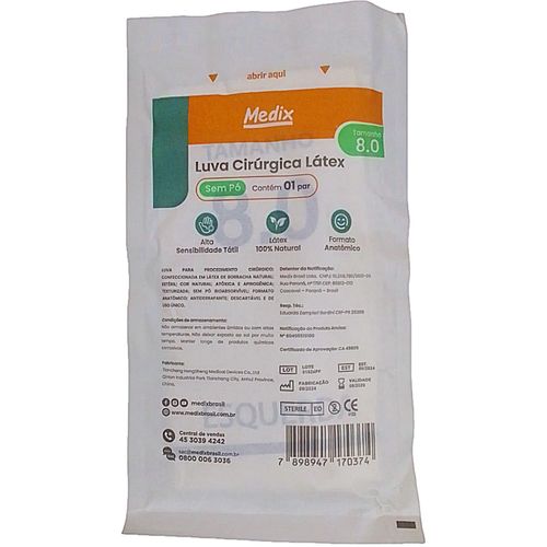 Luva Cirúrgica de Látex Medix - Sem Pó - 8.0 - Par Luva Cirúrgica de Látex Medix - Sem Pó - 8.0 - Par